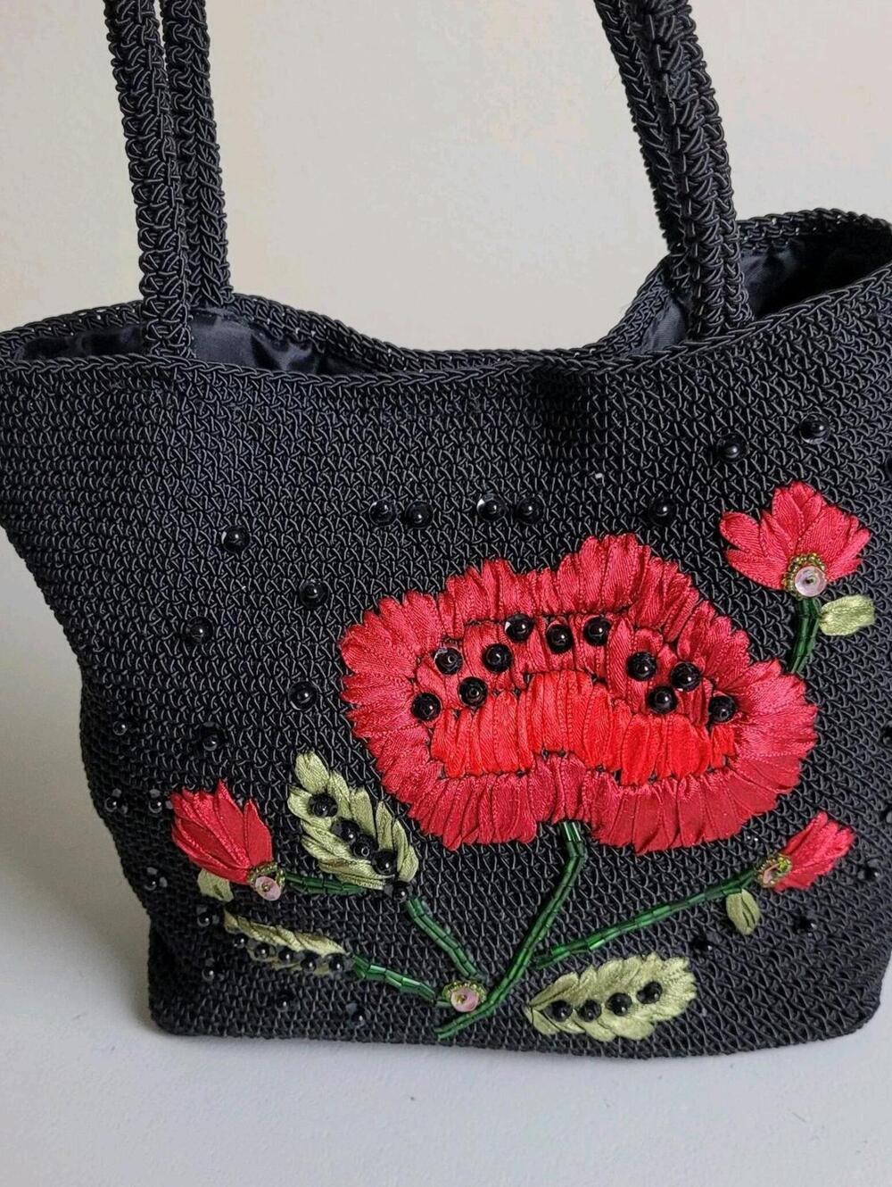 Casual Corner Black Tote Beaded Red Flower Embellishment Purse Snap Closure